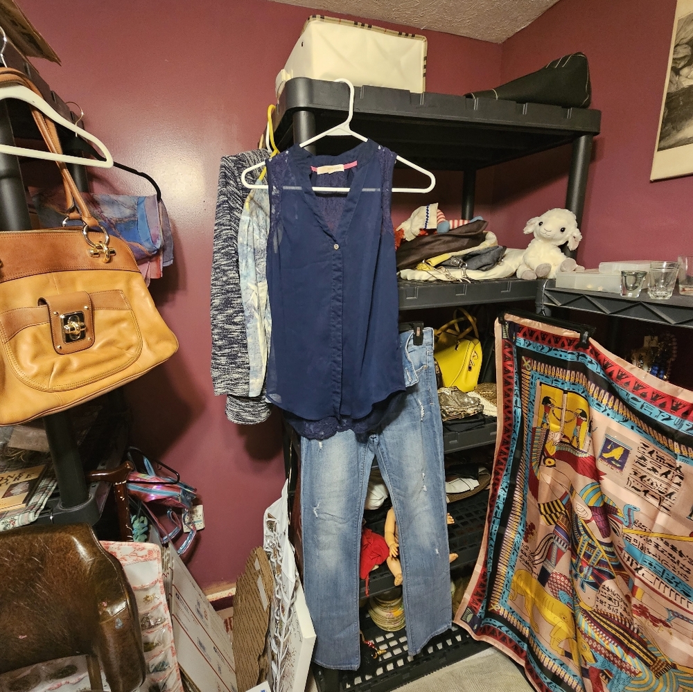 Navy Sleeveless Blouse and Light Blue Jeans By Express